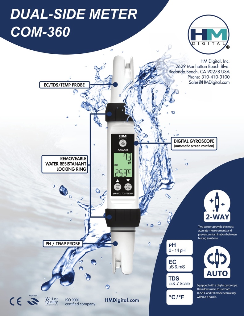 Waterproof Professional Series pH/EC/TDS/Temp Meter / HM Digital COM-360