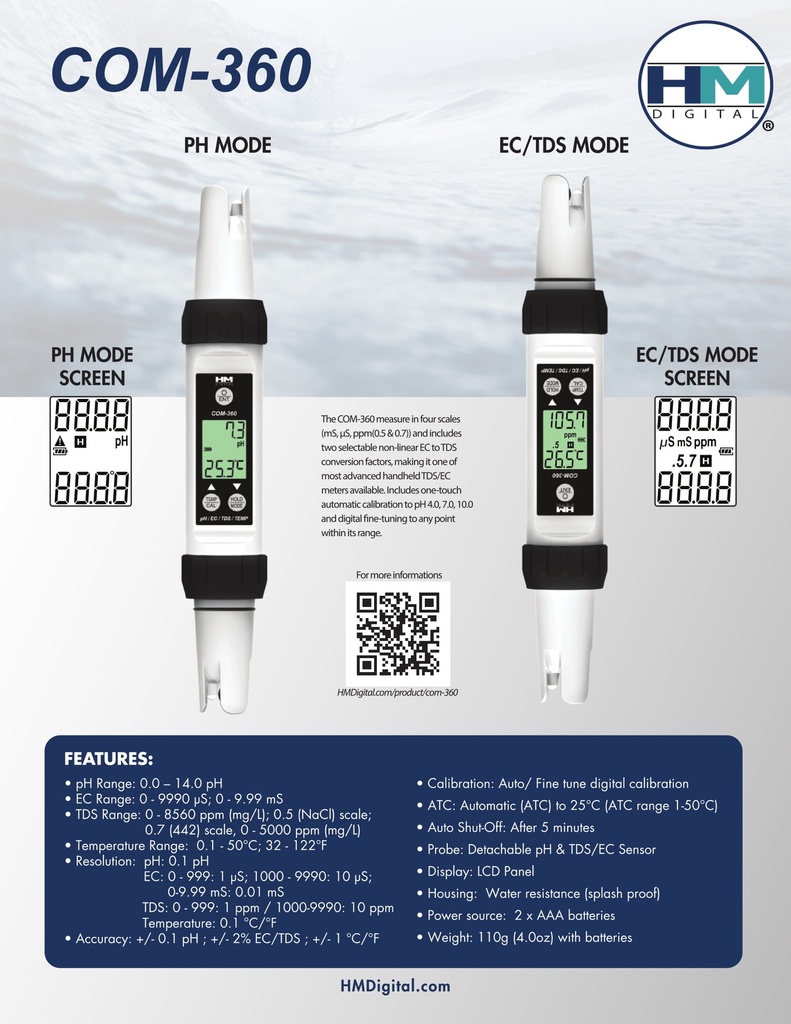Waterproof Professional Series pH/EC/TDS/Temp Meter / HM Digital COM-360