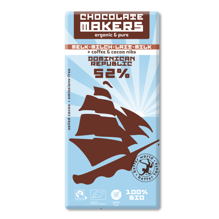 Chocolatemakers Bio Tres Hombres milk 52% coffee & cacao nibs Dominican Replublic (box of 10 bars of 80gr)