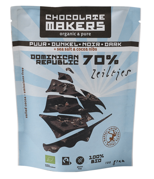 Chocolatemakers chocozeiltjes puur 70% met zeezout en nibs