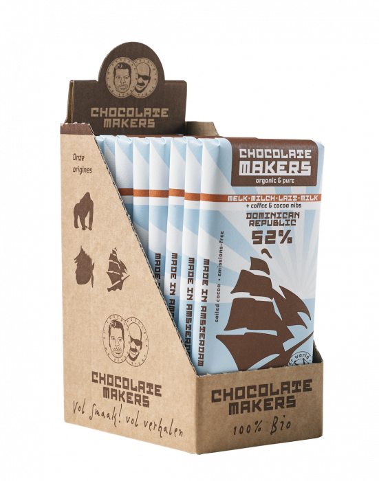 Chocolatemakers Bio Tres Hombres milk 52% coffee & cacao nibs Dominican Replublic (box of 10 bars of 80gr)