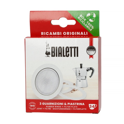 [8006363010405 old ean 0800033] Bialetti - 3 Seals + Sieve for 3-4tz Aluminium Coffee Makers