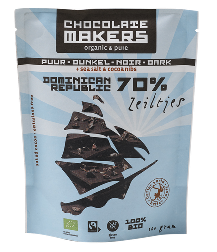 Chocolatemakers chocozeiltjes puur 70% met zeezout en nibs (box of 8)